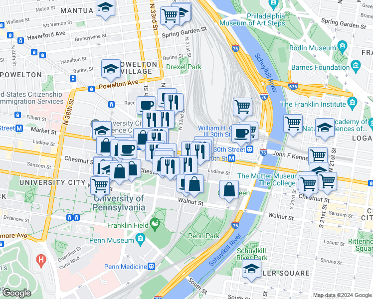 map of restaurants, bars, coffee shops, grocery stores, and more near 3181 John F Kennedy Boulevard in Philadelphia