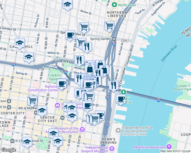 map of restaurants, bars, coffee shops, grocery stores, and more near 222 Vine Street in Philadelphia