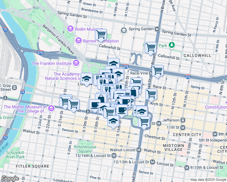 map of restaurants, bars, coffee shops, grocery stores, and more near 117 North 17th Street in Philadelphia