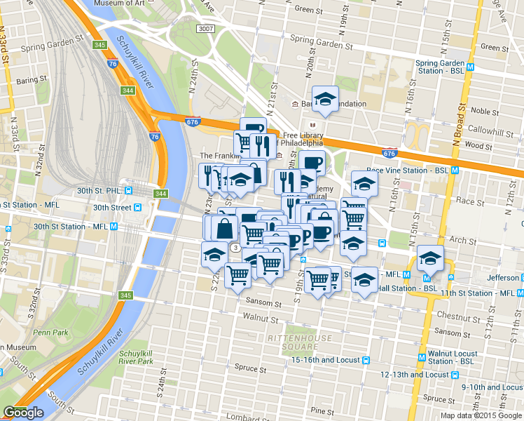 map of restaurants, bars, coffee shops, grocery stores, and more near 2038 Arch Street in Philadelphia