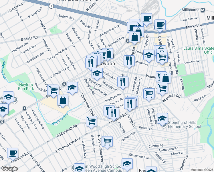 map of restaurants, bars, coffee shops, grocery stores, and more near 245 Bayard Road in Delaware County