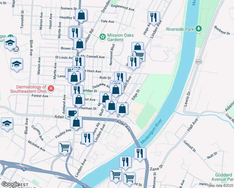 map of restaurants, bars, coffee shops, grocery stores, and more near 356 Sheridan Street in Zanesville
