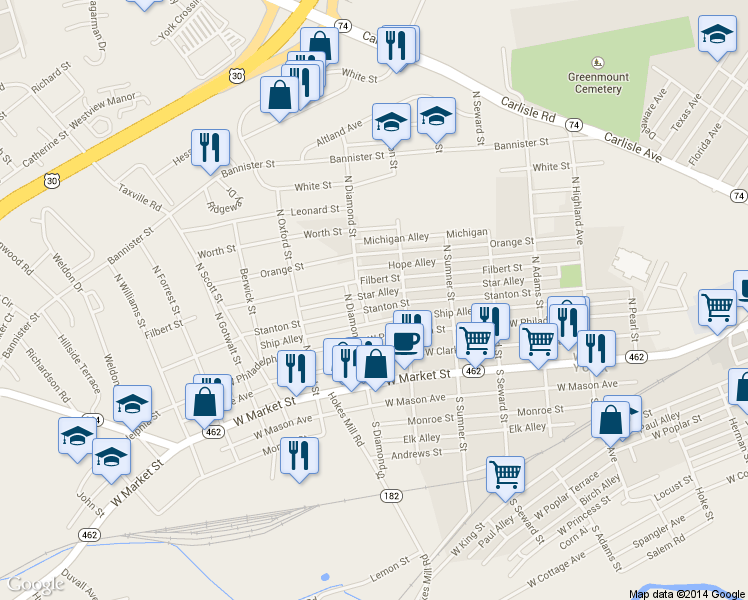 map of restaurants, bars, coffee shops, grocery stores, and more near 1819 Stanton Street in York