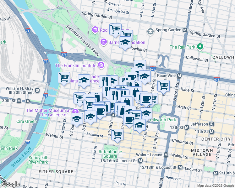 map of restaurants, bars, coffee shops, grocery stores, and more near 1835 Arch Street in Philadelphia