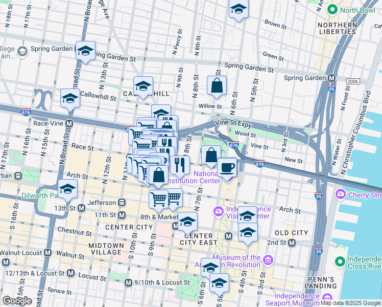map of restaurants, bars, coffee shops, grocery stores, and more near 201 North 8th Street in Philadelphia