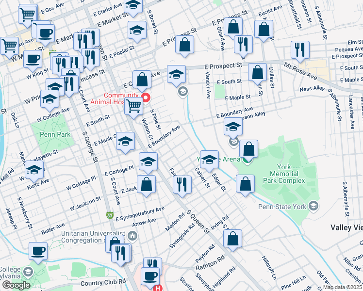 map of restaurants, bars, coffee shops, grocery stores, and more near 330 East Cottage Place in York