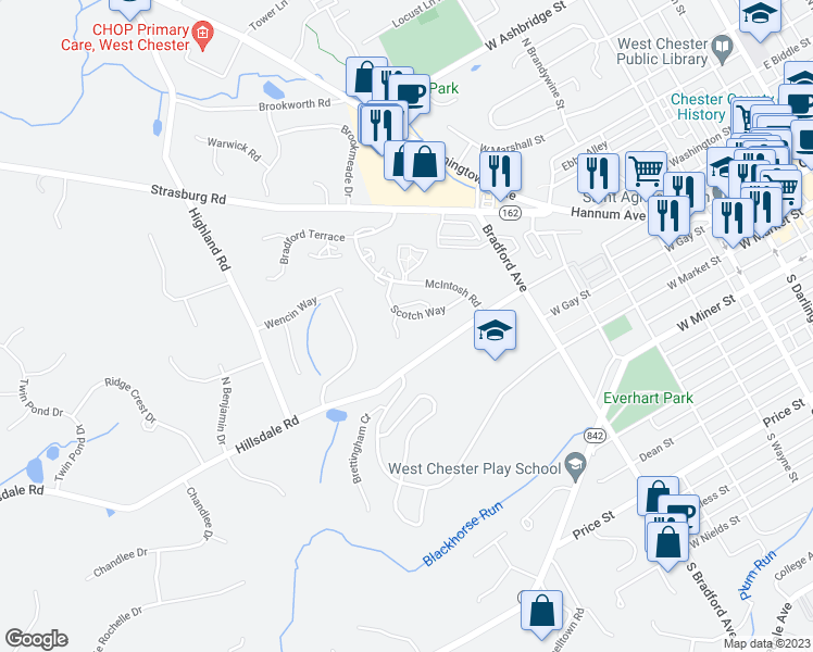 map of restaurants, bars, coffee shops, grocery stores, and more near 772 Scotch Way in West Chester