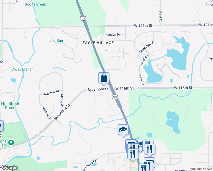 map of restaurants, bars, coffee shops, grocery stores, and more near 11602 North Michigan Road in Zionsville