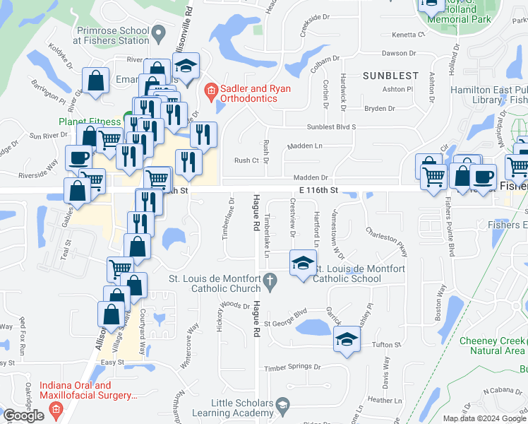 map of restaurants, bars, coffee shops, grocery stores, and more near 11545 Timberlake Lane in Fishers