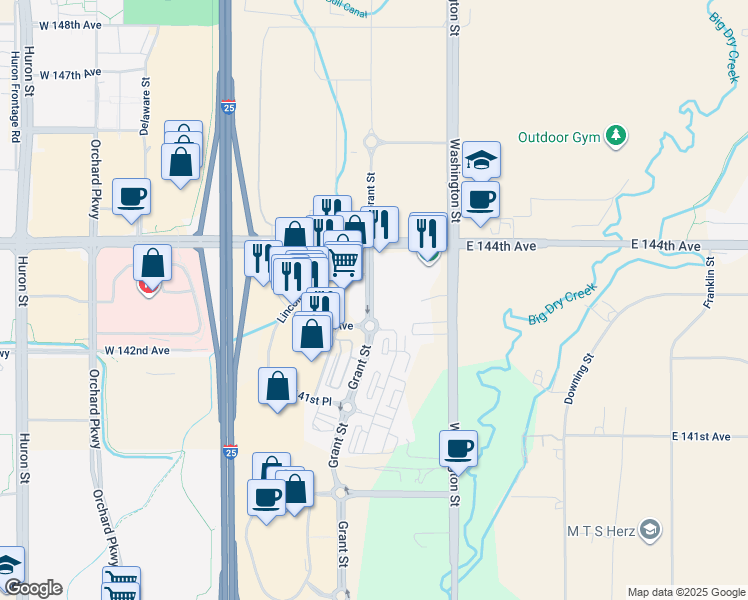 map of restaurants, bars, coffee shops, grocery stores, and more near 13081 Grant Street in Thornton