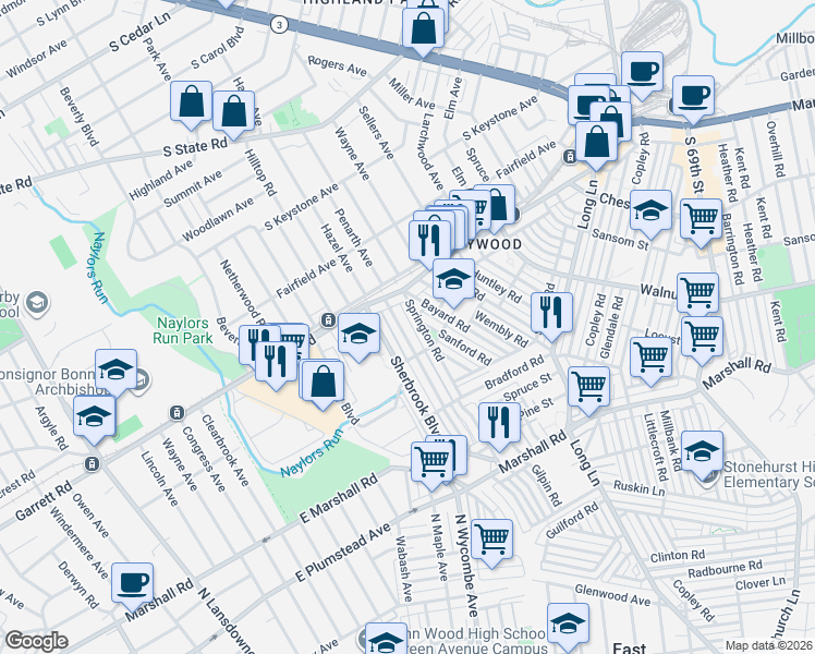 map of restaurants, bars, coffee shops, grocery stores, and more near 331 Margate Road in Delaware County