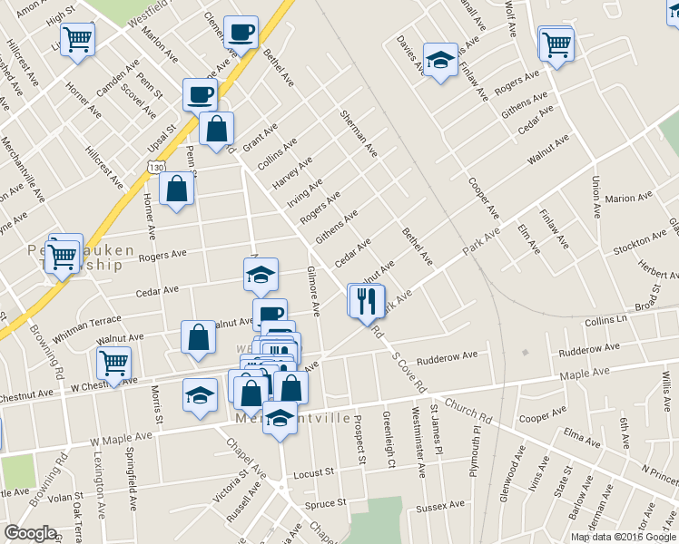 map of restaurants, bars, coffee shops, grocery stores, and more near 3204 Cove Road in Pennsauken Township