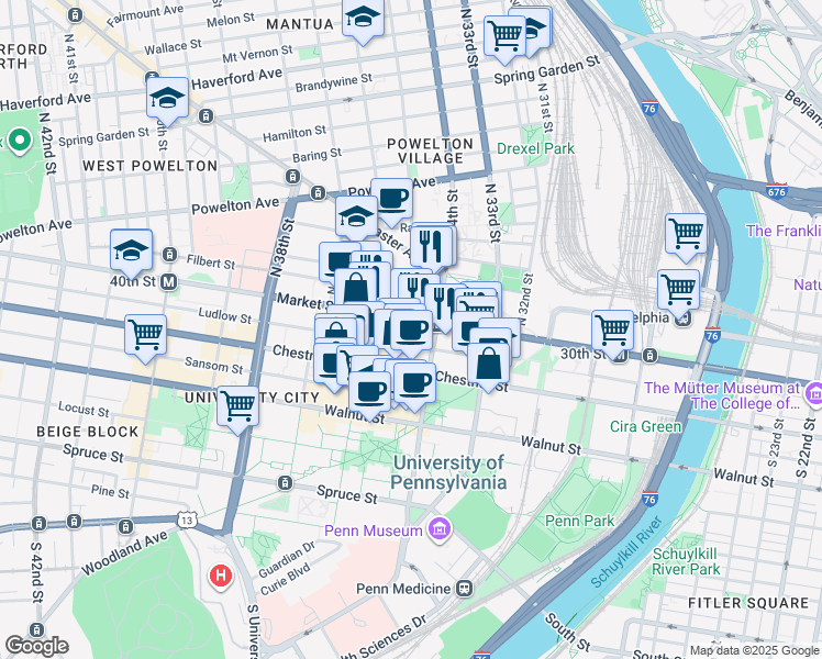 map of restaurants, bars, coffee shops, grocery stores, and more near in Philadelphia