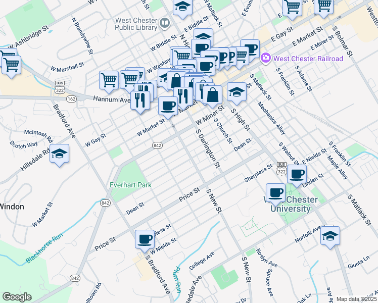 map of restaurants, bars, coffee shops, grocery stores, and more near 213 South New Street in West Chester