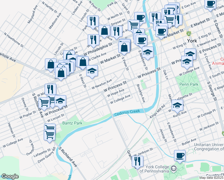 map of restaurants, bars, coffee shops, grocery stores, and more near 219 South Hartley Street in York
