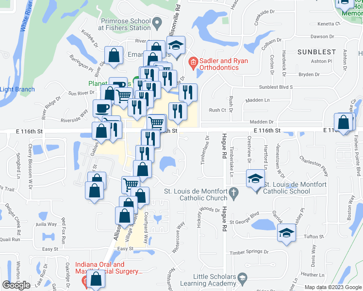 map of restaurants, bars, coffee shops, grocery stores, and more near 535 Conner Creek Drive in Fishers