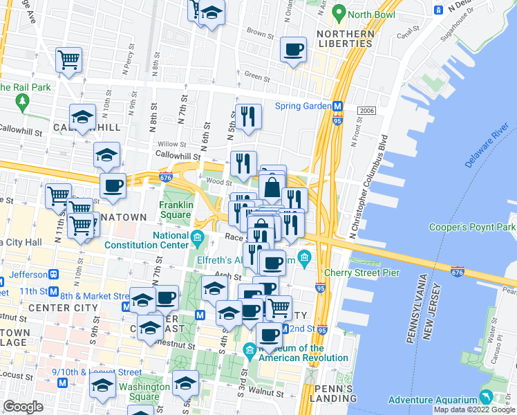 map of restaurants, bars, coffee shops, grocery stores, and more near 315 New Street in Philadelphia