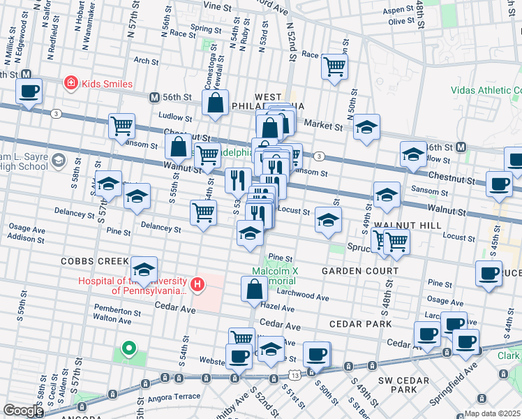 map of restaurants, bars, coffee shops, grocery stores, and more near 5210 Locust Street in Philadelphia