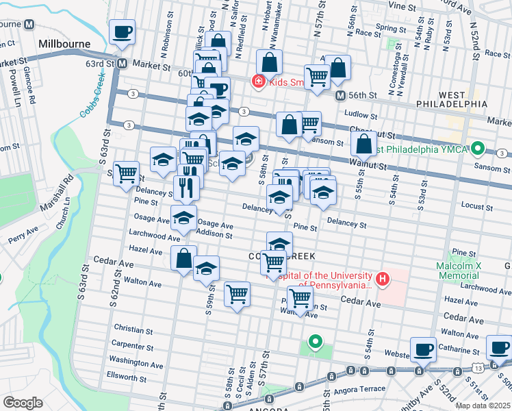 map of restaurants, bars, coffee shops, grocery stores, and more near 5801 Delancey Street in Philadelphia