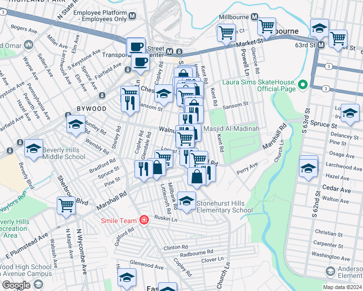 map of restaurants, bars, coffee shops, grocery stores, and more near 517 Woodcliffe Road in Upper Darby