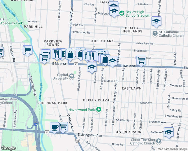 map of restaurants, bars, coffee shops, grocery stores, and more near in Bexley