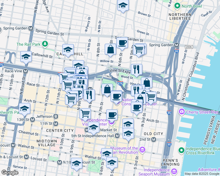 map of restaurants, bars, coffee shops, grocery stores, and more near 200 North 6th Street in Philadelphia