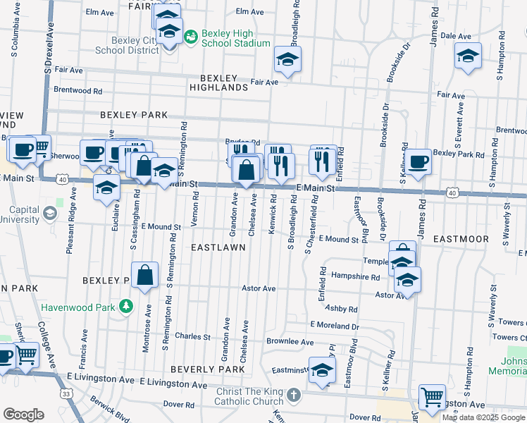 map of restaurants, bars, coffee shops, grocery stores, and more near 721 South Gould Road in Bexley