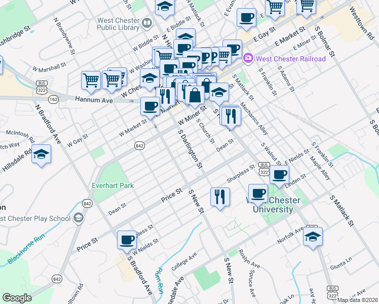 map of restaurants, bars, coffee shops, grocery stores, and more near 317 South Darlington Street in West Chester