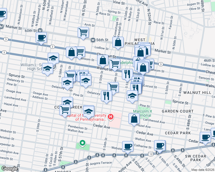map of restaurants, bars, coffee shops, grocery stores, and more near 5441 Spruce Street in Philadelphia