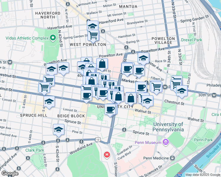 map of restaurants, bars, coffee shops, grocery stores, and more near 3819 Chestnut Street in Philadelphia