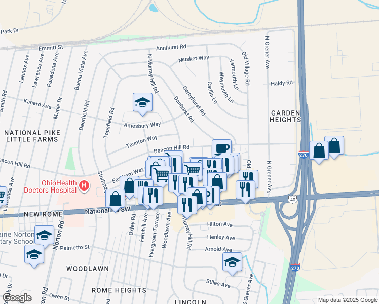 map of restaurants, bars, coffee shops, grocery stores, and more near 4785 Beacon Hill Road in Columbus