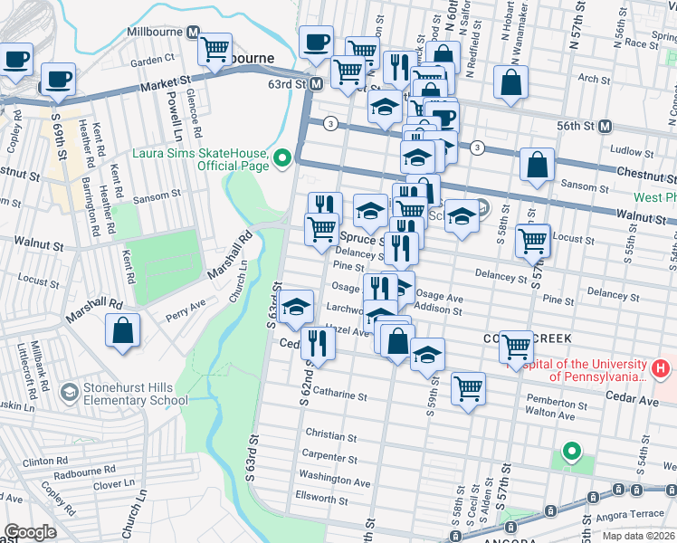 map of restaurants, bars, coffee shops, grocery stores, and more near 417 South 62nd Street in Philadelphia