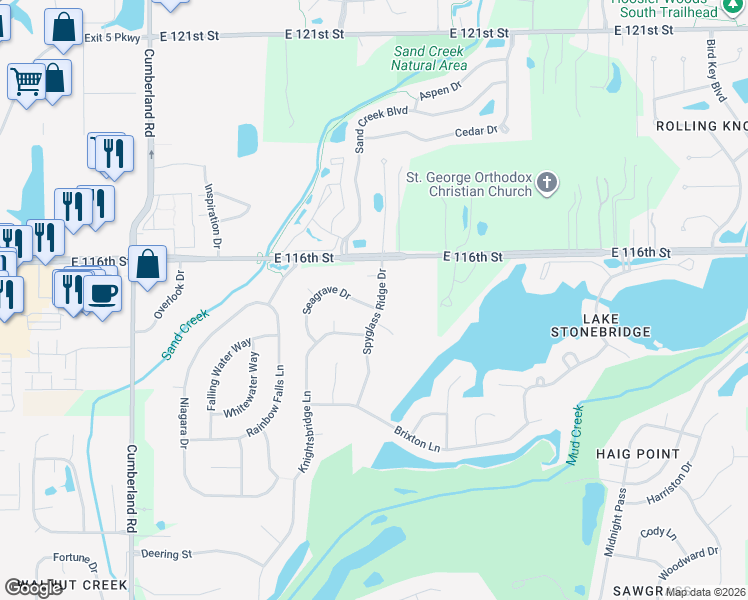 map of restaurants, bars, coffee shops, grocery stores, and more near 10366 Seagrave Drive in Fishers