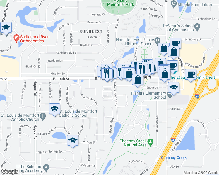 map of restaurants, bars, coffee shops, grocery stores, and more near 8257 Dan Allen Drive in Fishers