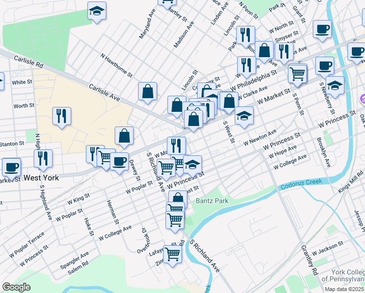 map of restaurants, bars, coffee shops, grocery stores, and more near 766 West Mason Avenue in York