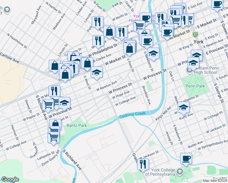 map of restaurants, bars, coffee shops, grocery stores, and more near 502 West Princess Street in York
