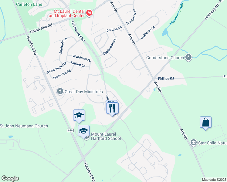 map of restaurants, bars, coffee shops, grocery stores, and more near 307A Ralston Drive in Mount Laurel Township