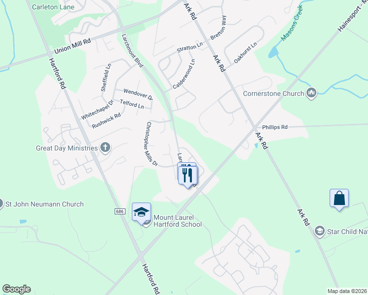 map of restaurants, bars, coffee shops, grocery stores, and more near 307A Ralston Drive in Mount Laurel Township