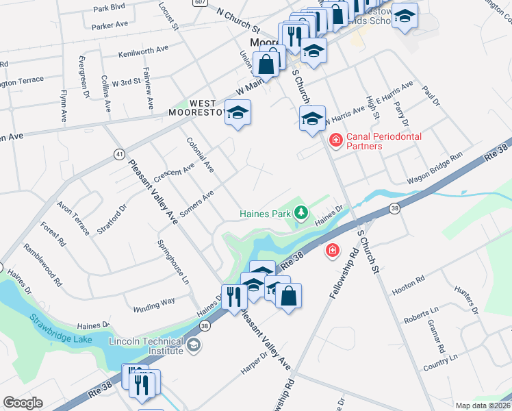 map of restaurants, bars, coffee shops, grocery stores, and more near 407 Kenwood Drive in Moorestown