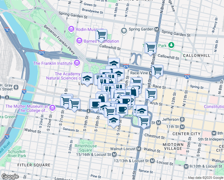 map of restaurants, bars, coffee shops, grocery stores, and more near 1631 Arch Street in Philadelphia