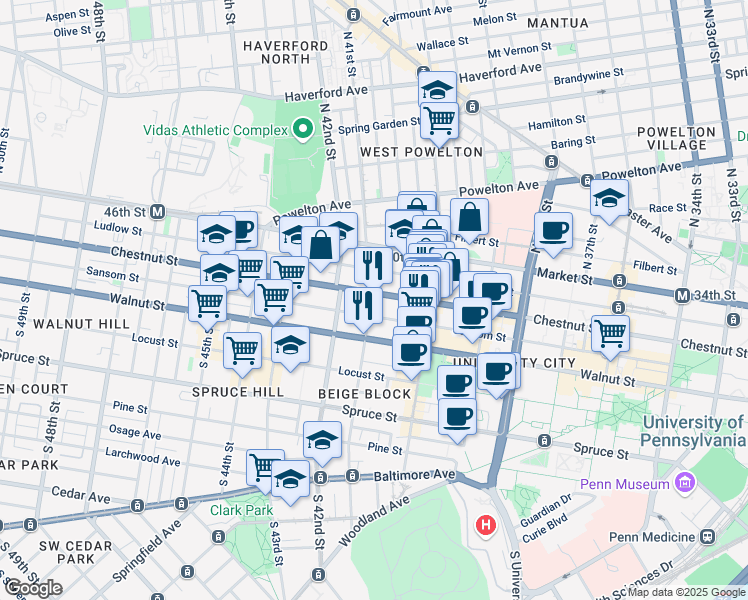 map of restaurants, bars, coffee shops, grocery stores, and more near 4044 Chestnut Street in Philadelphia