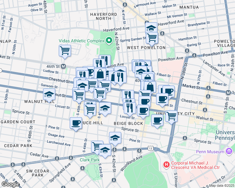 map of restaurants, bars, coffee shops, grocery stores, and more near in Philadelphia