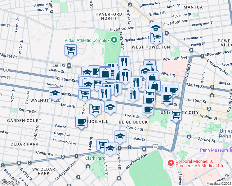 map of restaurants, bars, coffee shops, grocery stores, and more near in Philadelphia