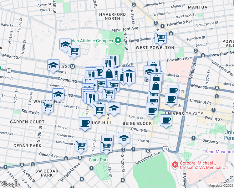 map of restaurants, bars, coffee shops, grocery stores, and more near 121 South 43rd Street in Philadelphia