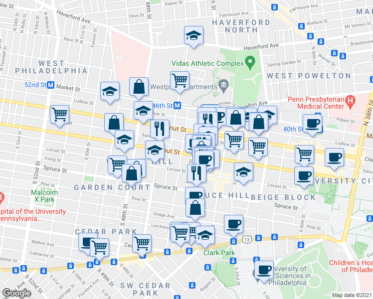 map of restaurants, bars, coffee shops, grocery stores, and more near 4528 Walnut Street in Philadelphia