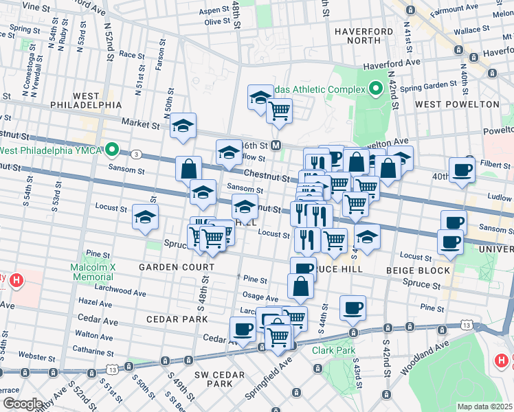 map of restaurants, bars, coffee shops, grocery stores, and more near 4620 Walnut Street in Philadelphia