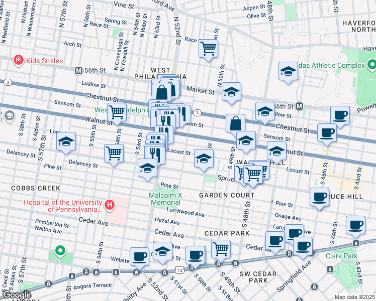 map of restaurants, bars, coffee shops, grocery stores, and more near 5047 Locust Street in Philadelphia