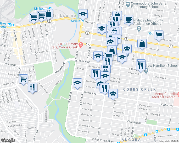 map of restaurants, bars, coffee shops, grocery stores, and more near 417 South 62nd Street in Philadelphia