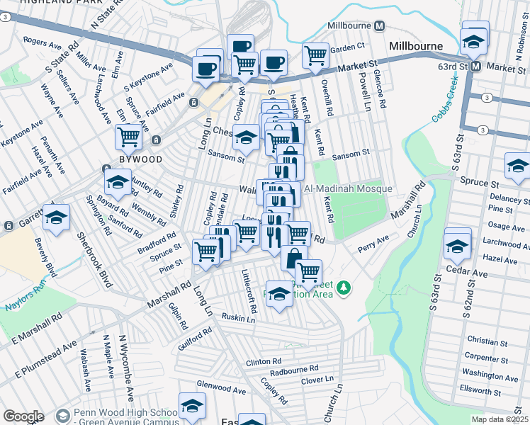 map of restaurants, bars, coffee shops, grocery stores, and more near 249 Maypole Road in Delaware County