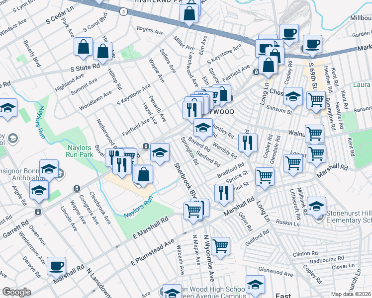 map of restaurants, bars, coffee shops, grocery stores, and more near 331 Margate Road in Delaware County